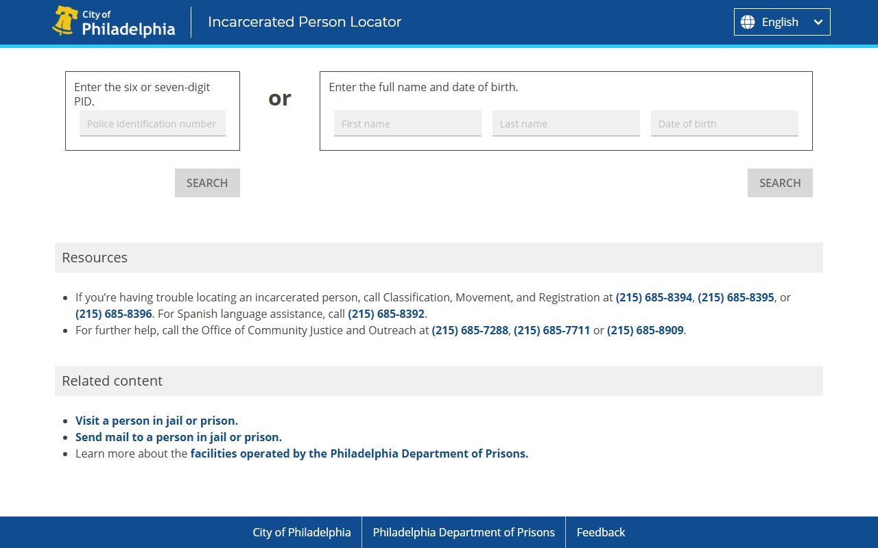 Philadelphia Incarcerated Person Locator tool for searching the Philadelphia jail roster