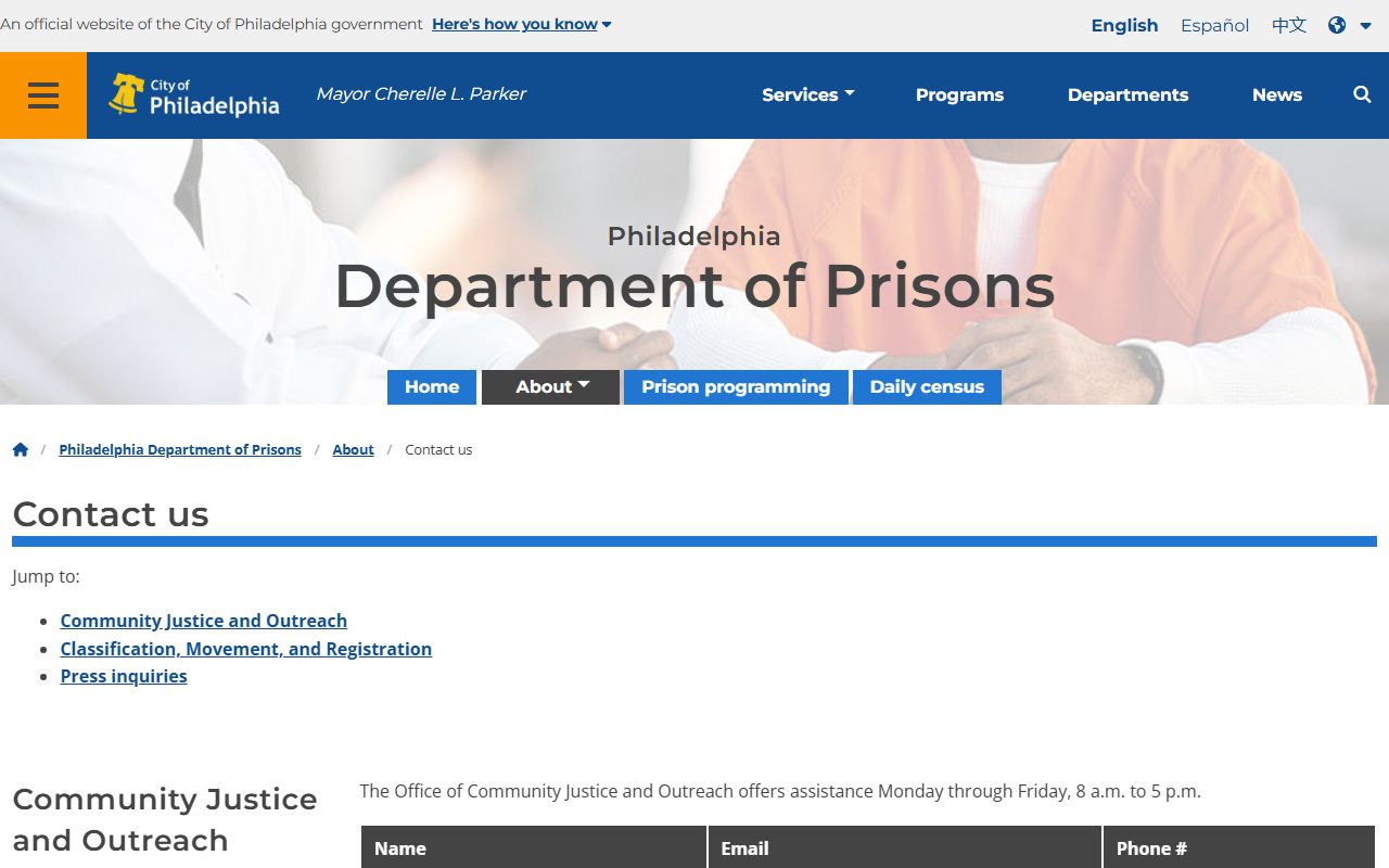 Philadelphia Department of Prisons contact information for jail roster inquiries