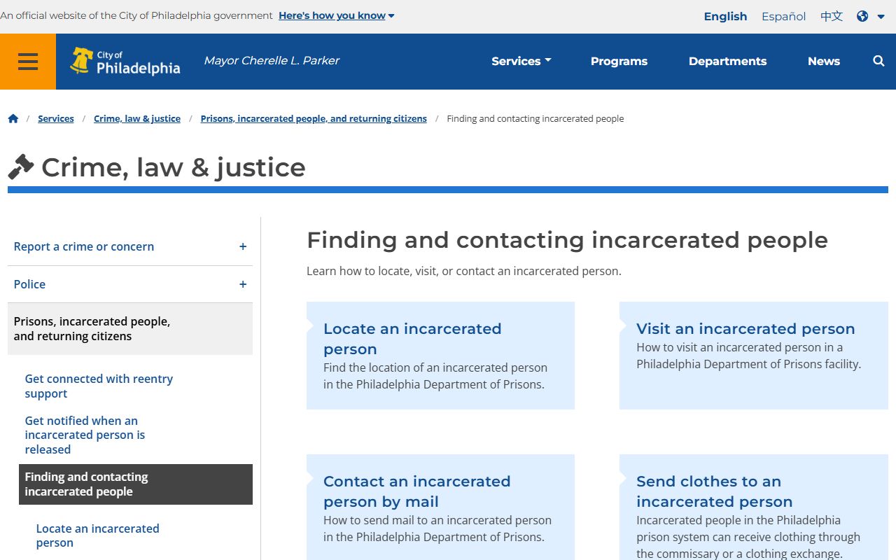 Philadelphia prison services page for locating and contacting incarcerated persons