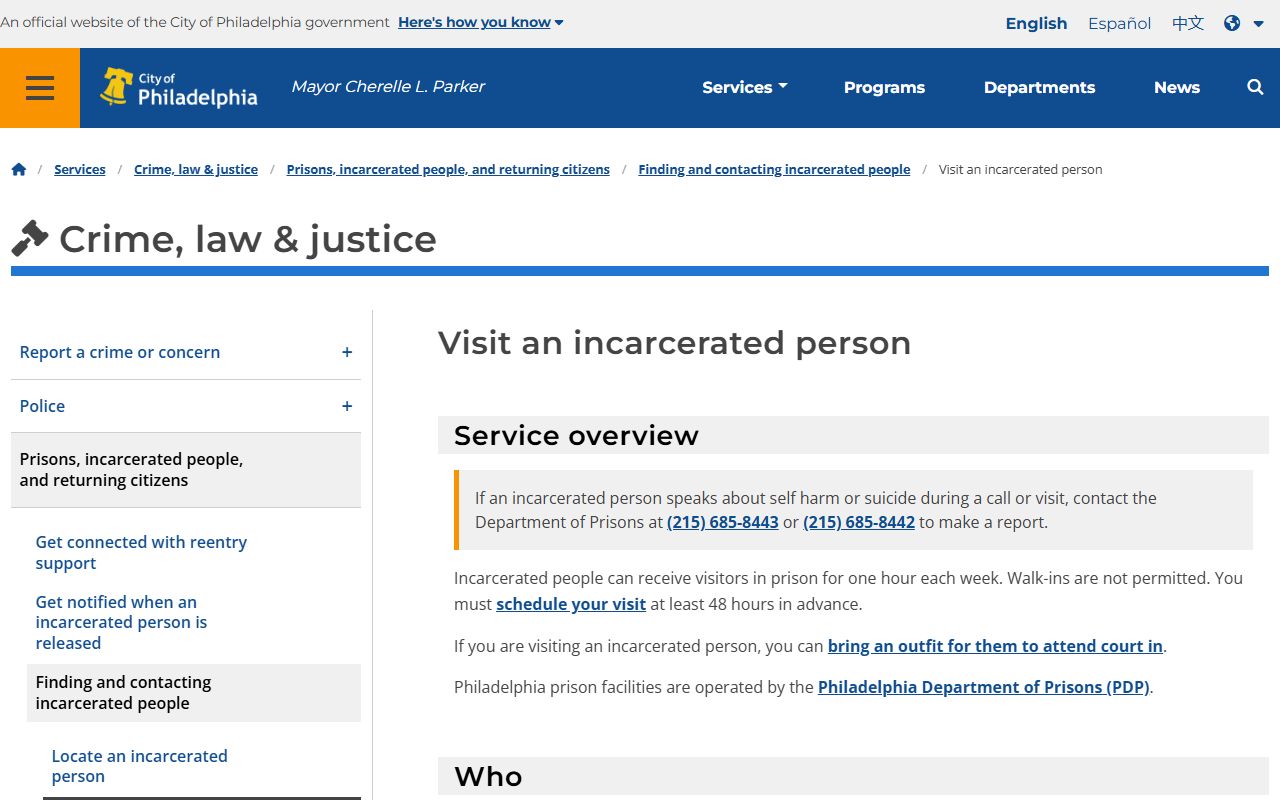 Philadelphia Department of Prisons visitation information for jail roster visits