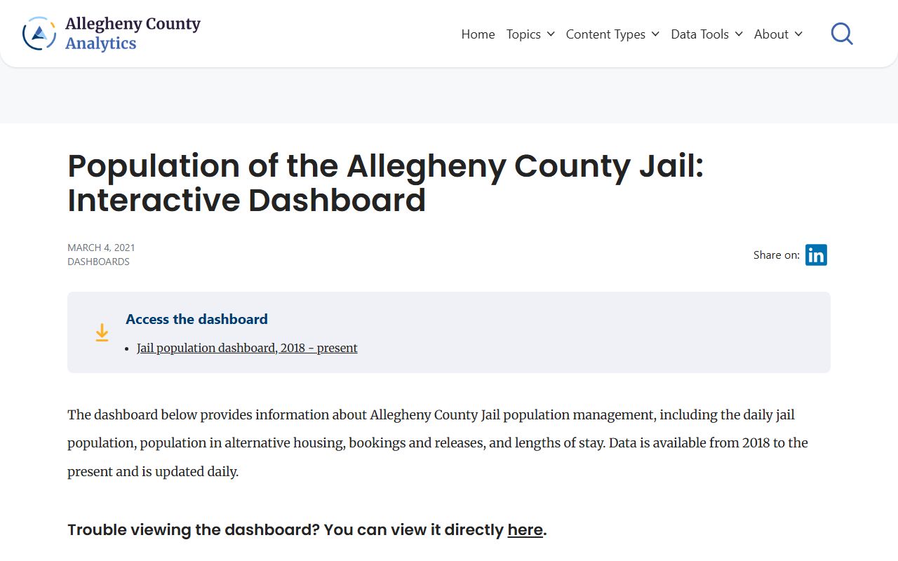 Allegheny County analytics portal for jail roster population management data