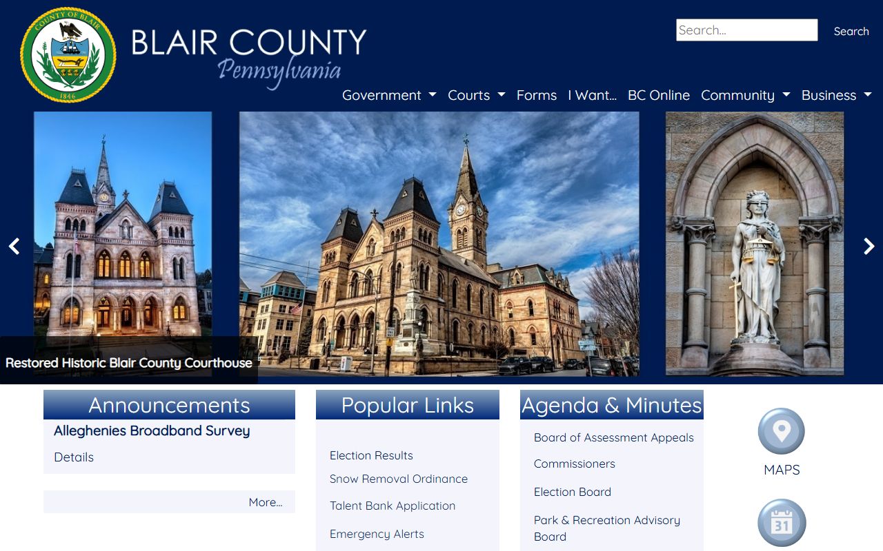 Blair County government website linking to jail roster and prison department