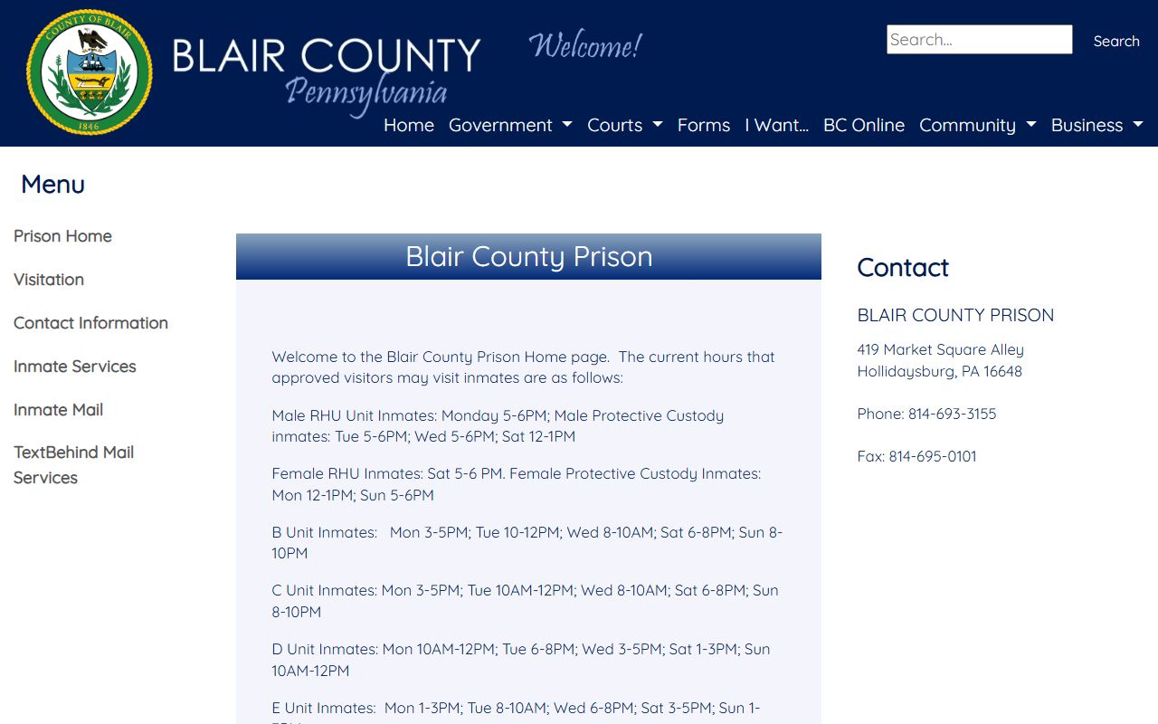 Blair County Prison page for jail roster and inmate information in Blair County
