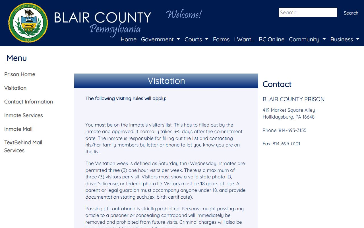 Blair County Prison visitation information page for jail roster visits
