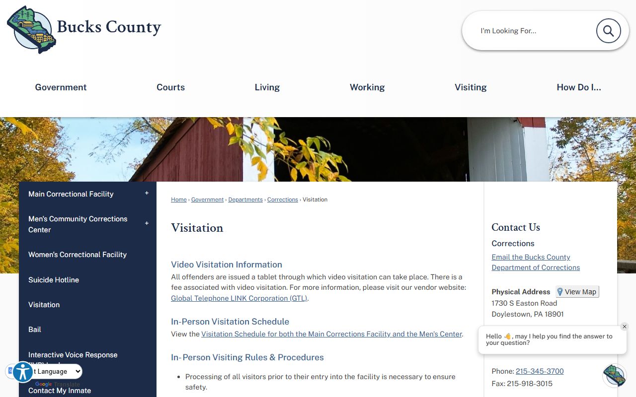 Bucks County visitation information for correctional facility inmates on jail roster