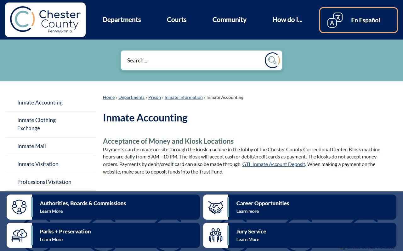 Chester County inmate accounting and fund deposits for Chester County jail roster