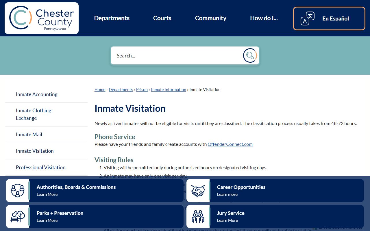 Chester County inmate visitation rules and schedule for Chester County jail roster