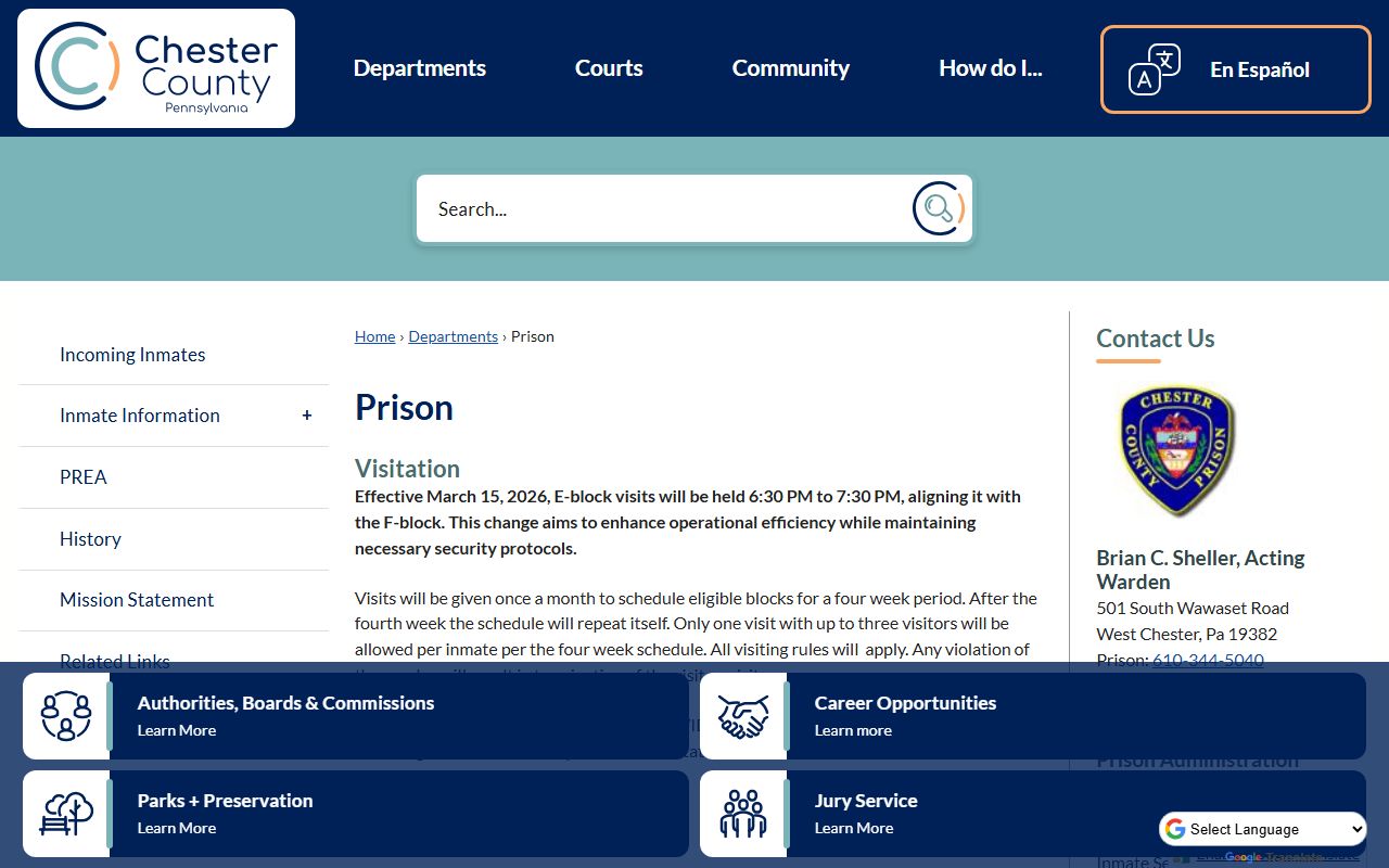 Chester County Prison website for Chester County jail roster