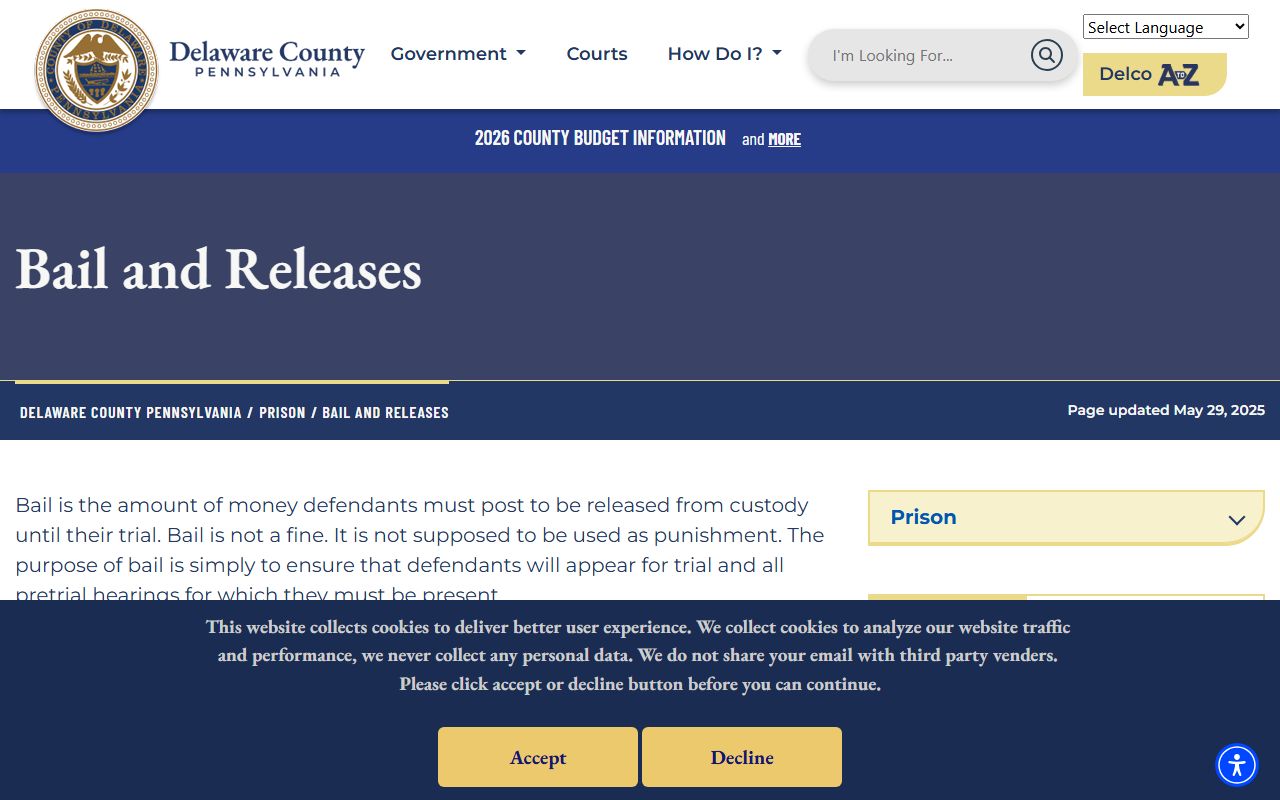 Delaware County jail bail and release process at George W. Hill Correctional Facility