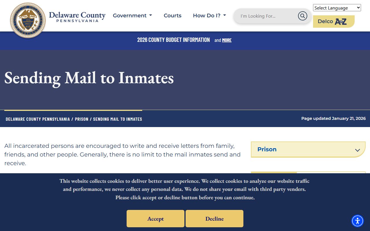Delaware County jail inmate mail policy for George W. Hill Correctional Facility
