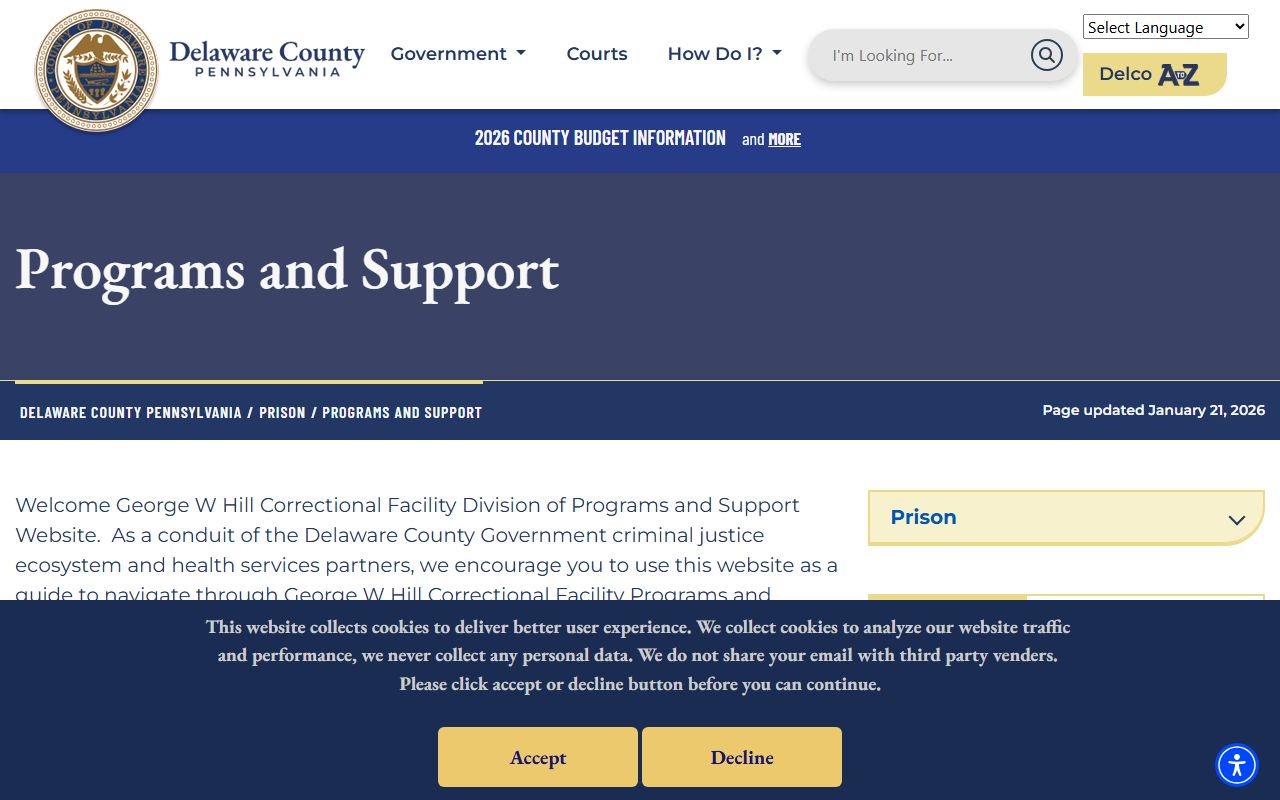 Delaware County jail rehabilitation programs and support services at George W. Hill