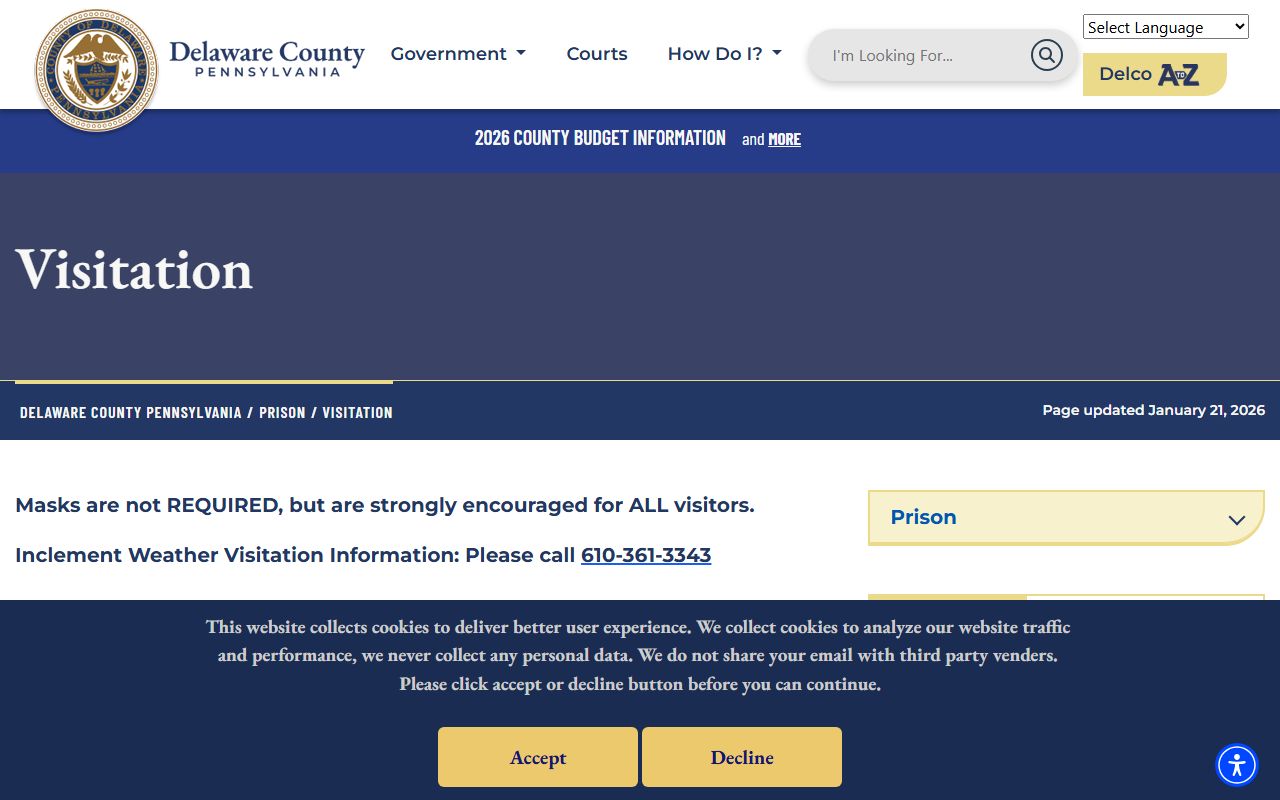 Delaware County jail visitation schedule and rules for George W. Hill Correctional Facility