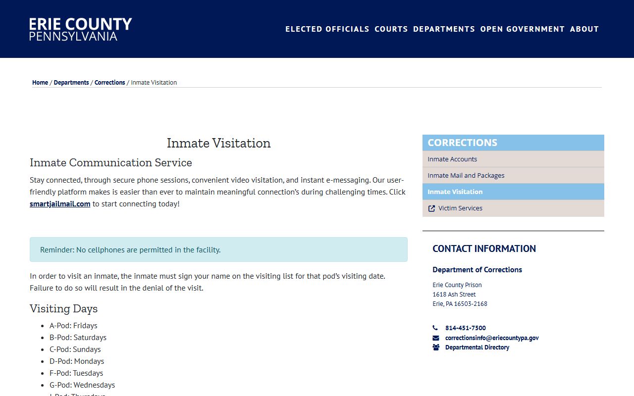 Erie County Prison visitation schedule and rules for inmates on the jail roster