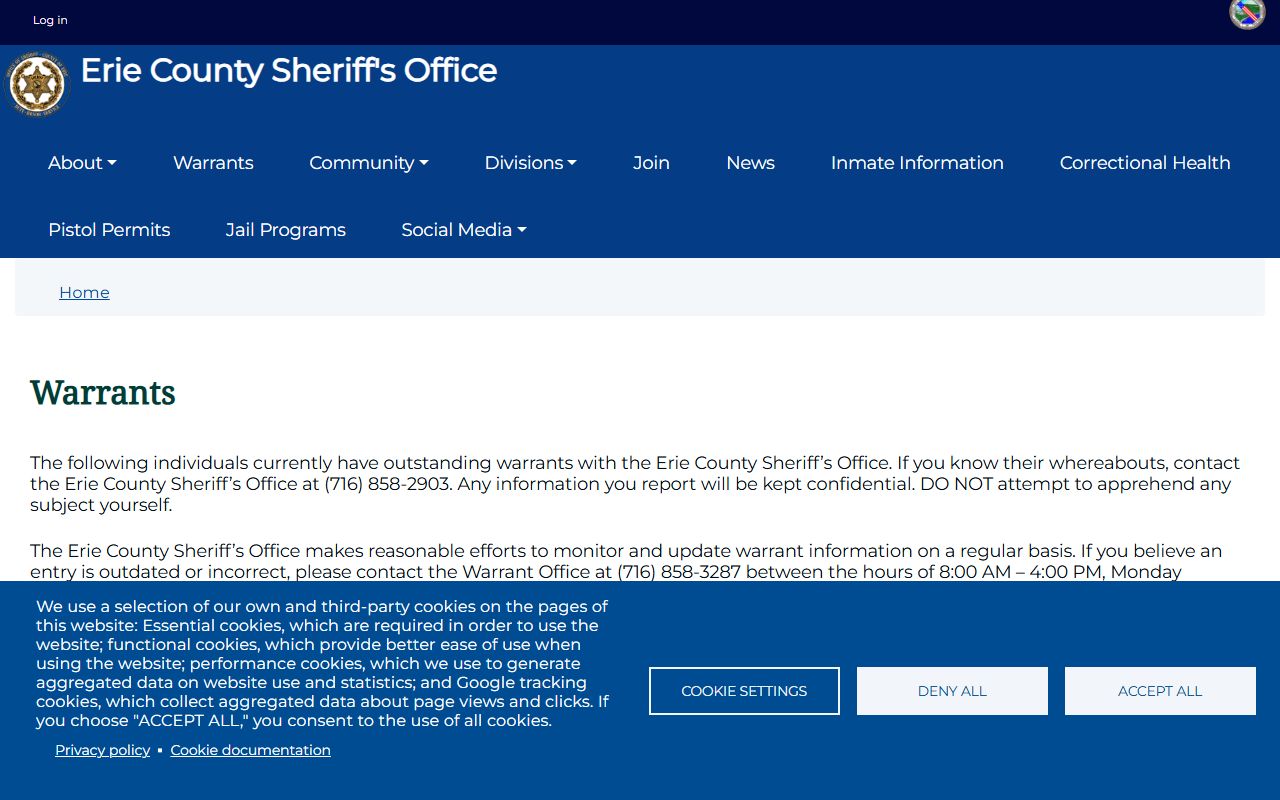 Erie County Sheriff warrant search database connected to jail roster records