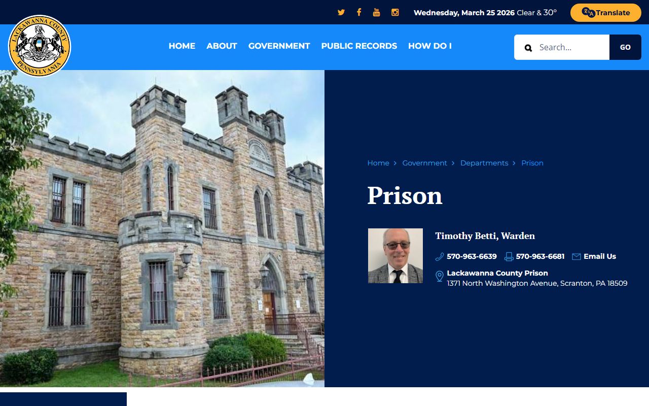 Lackawanna County Prison website for jail roster and inmate information in Scranton PA