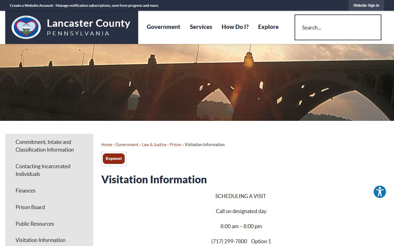 Lancaster County Prison visitation information page