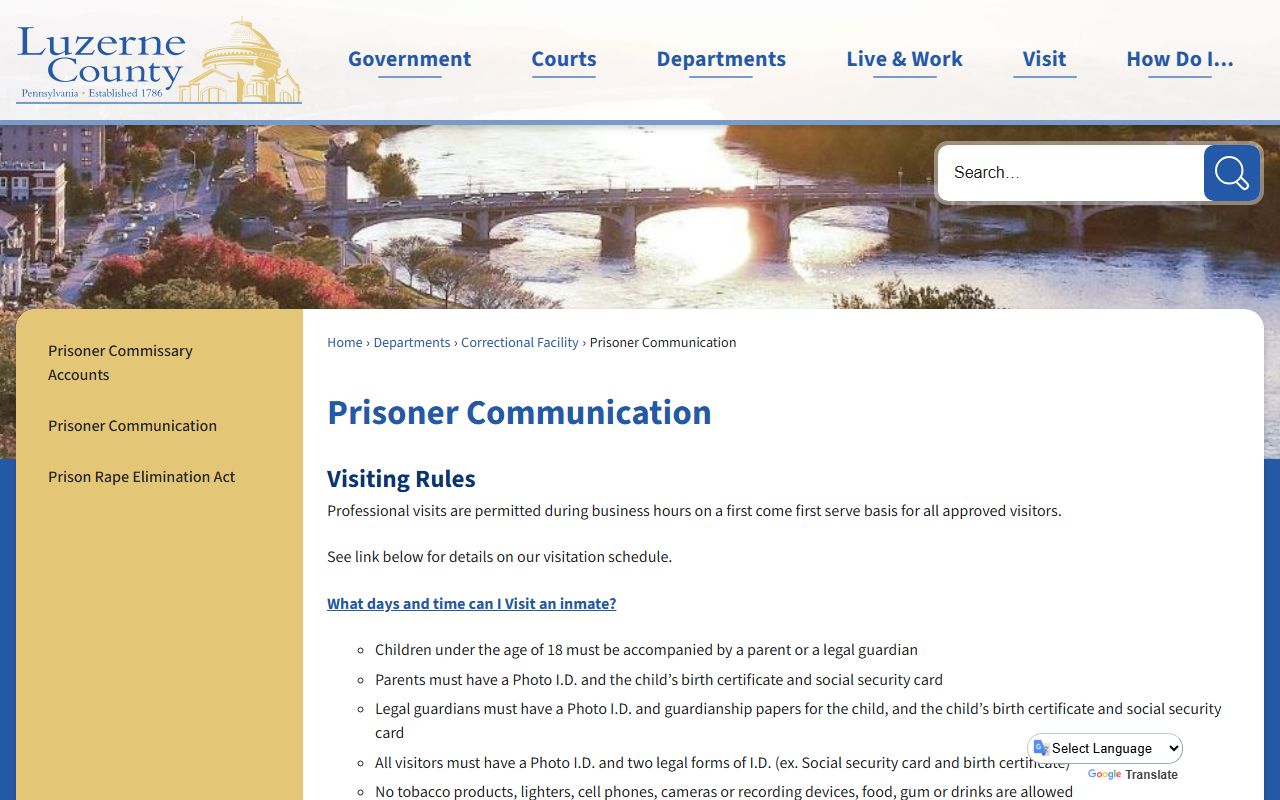 Luzerne County prisoner communication options for jail roster inmates