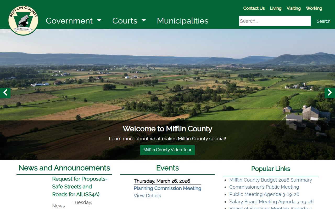 Mifflin County government website for jail roster and inmate records