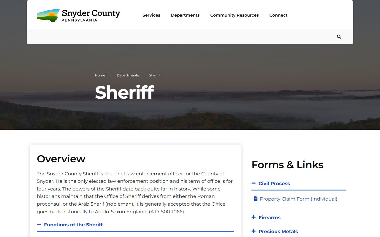Snyder County Sheriff's Office page for jail roster and inmate information