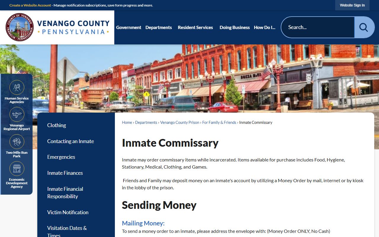 Venango County Prison inmate commissary deposit options for jail roster inmates in Franklin