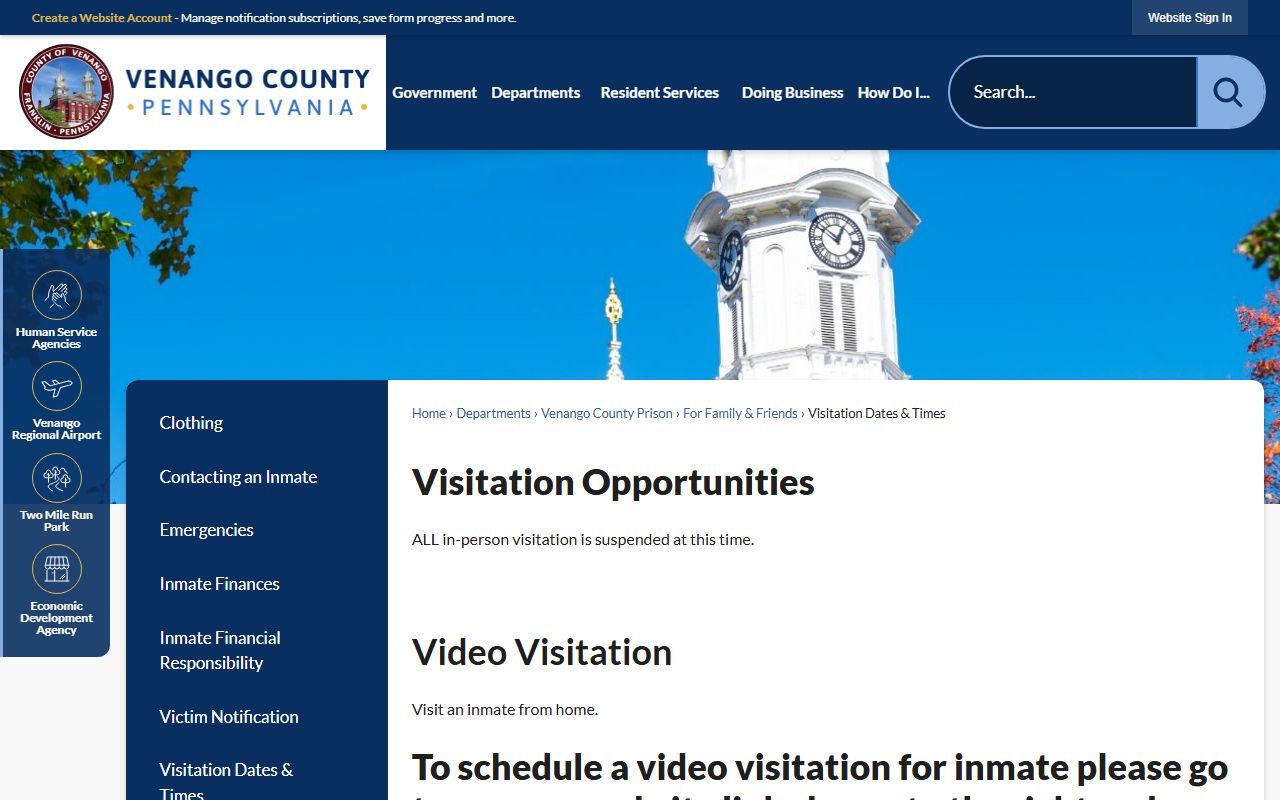 Venango County Prison visitation dates and times schedule for jail roster inmates