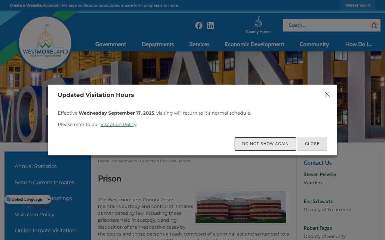 Westmoreland County Prison website for Westmoreland County jail roster search