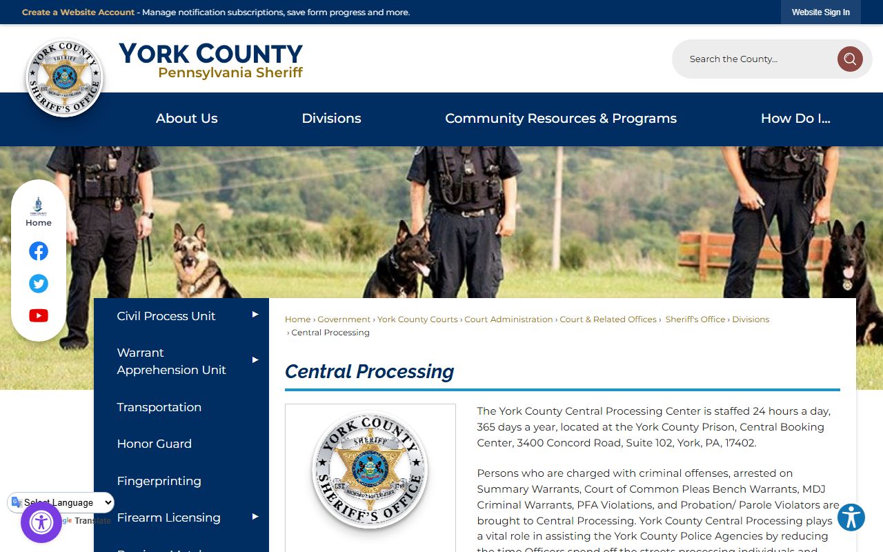 York County Central Processing center for York County jail roster bookings