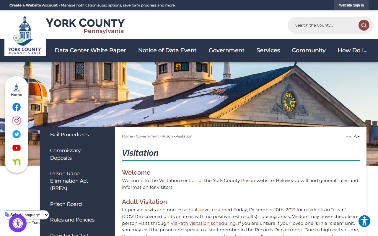 York County Prison visitation information page for visiting jail roster inmates