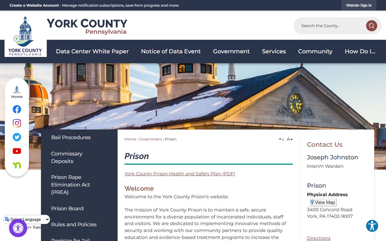 York County Prison website for York County jail roster and inmate information