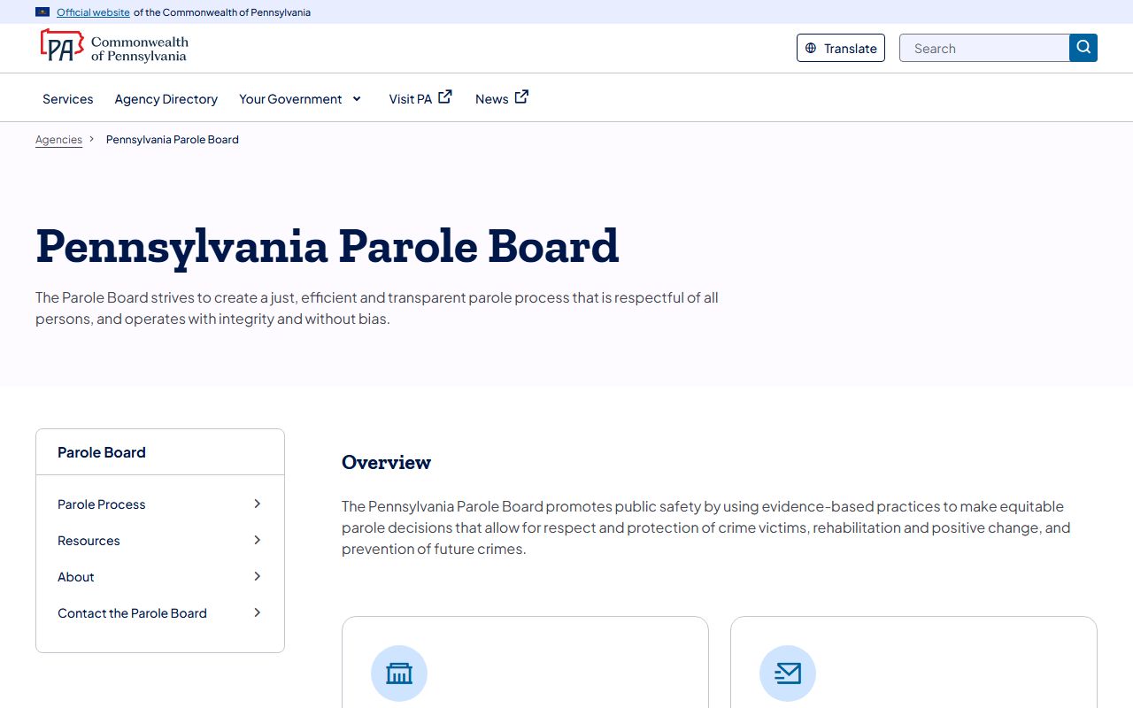 Pennsylvania Board of Probation and Parole website for checking PA parole status and jail roster records