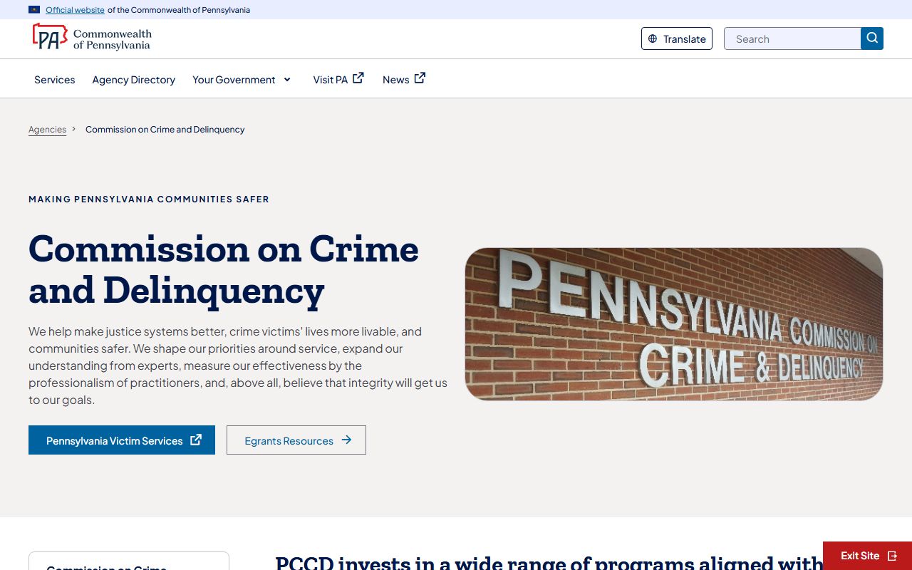Pennsylvania Commission on Crime and Delinquency agency page providing statewide jail roster and criminal justice data