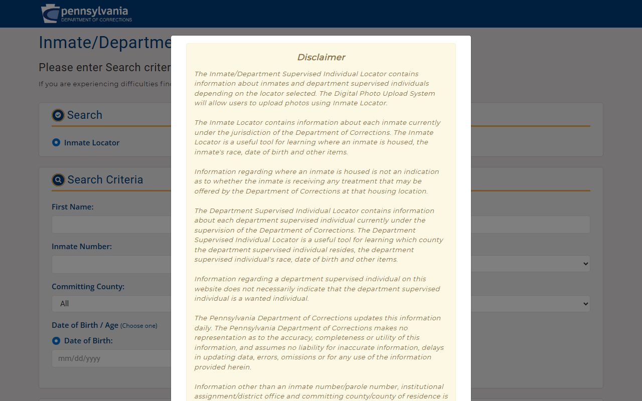 Pennsylvania DOC Inmate and Parolee Locator tool for searching PA jail roster records