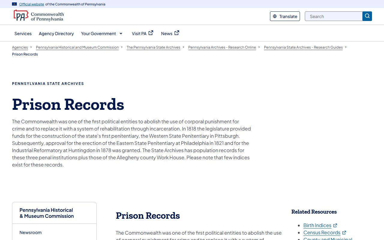 Pennsylvania State Archives prison records guide for researching historical PA jail roster entries