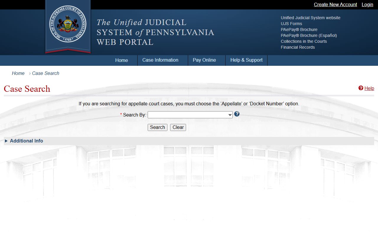 Pennsylvania UJS case search page for finding court cases tied to PA jail roster entries
