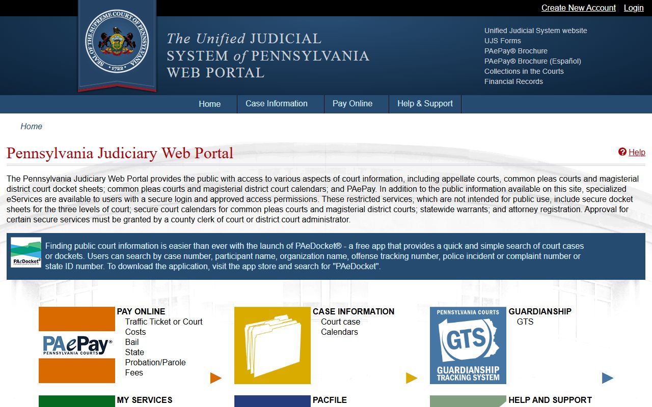 Pennsylvania UJS Web Portal for accessing court dockets connected to jail roster lookups